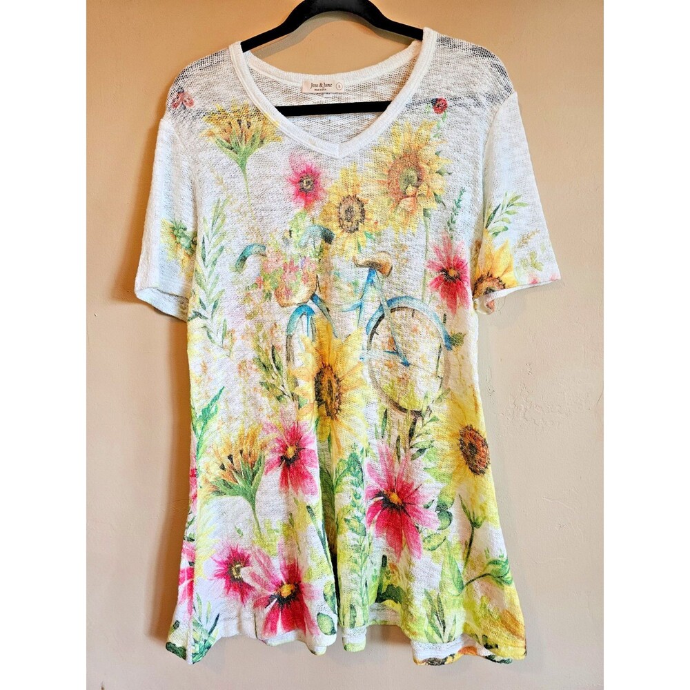 Jess & Jane Top Womens L Sunny Ride short Sleeve shirt Bike Sunflower Art USA